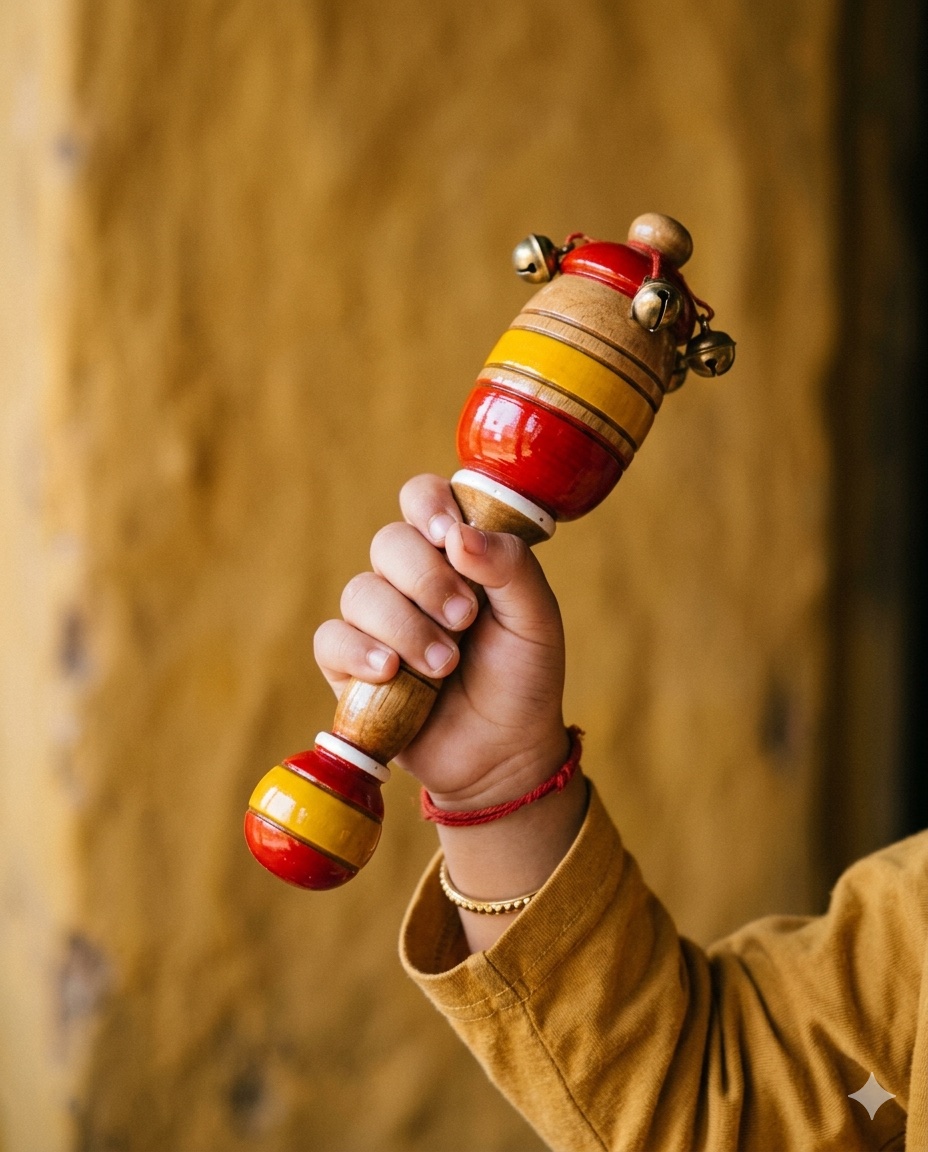 A small hand holding a Channapatna rattle