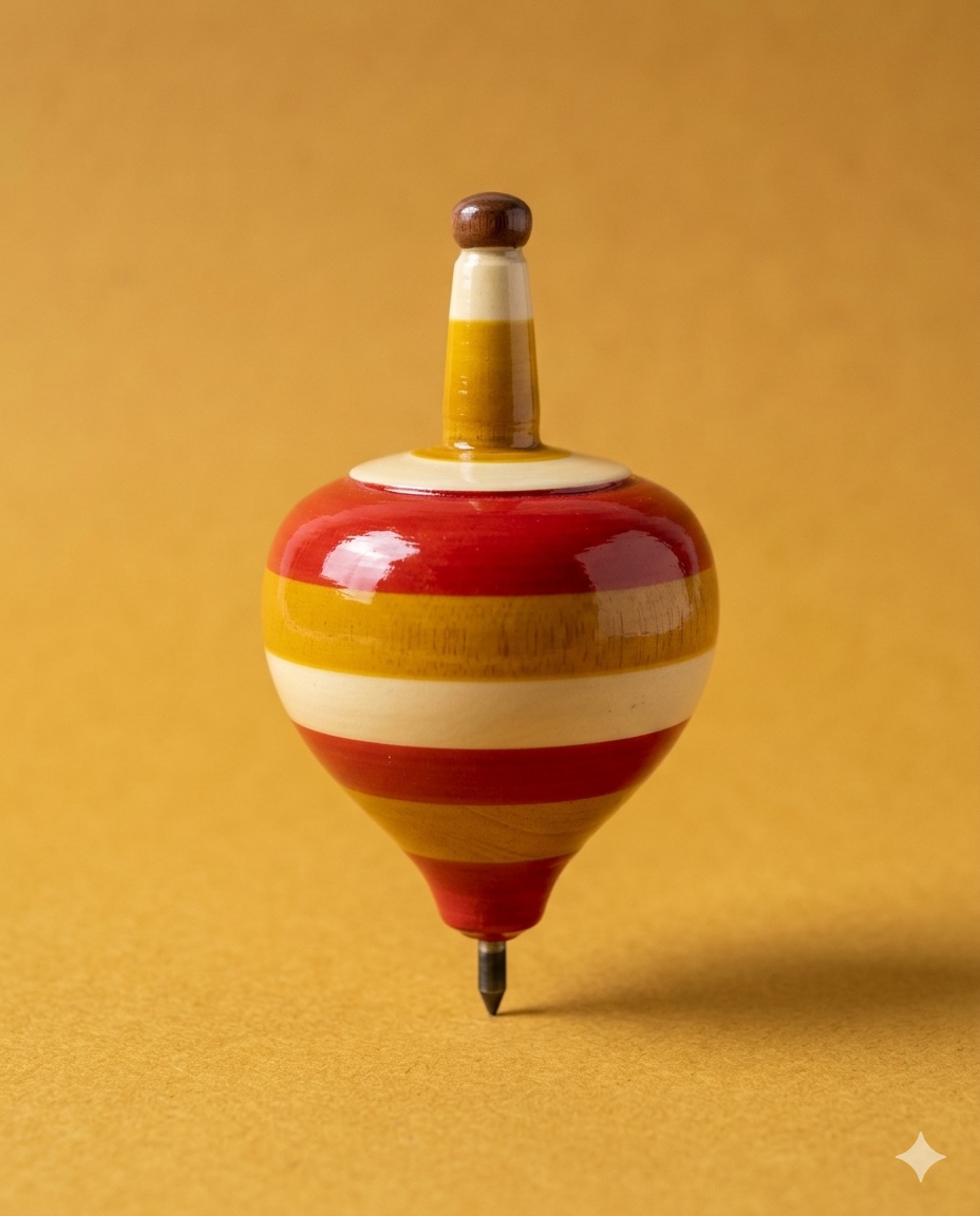 The spinning top, lacquered in vermillion and mustard