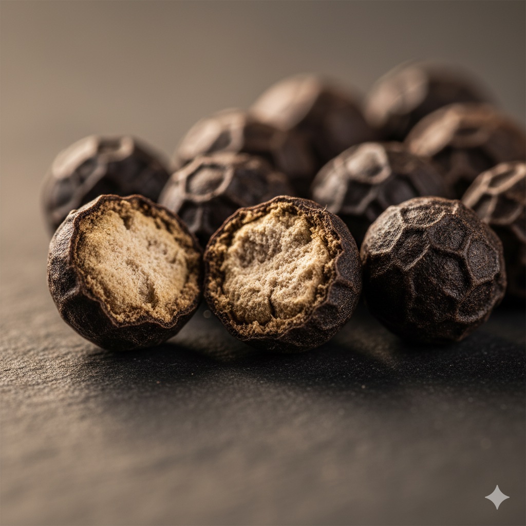 Extreme macro of peppercorns, one cracked open showing the pale interior