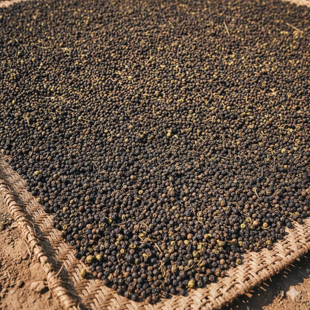 Black peppercorns spread to dry in the sun on woven mats