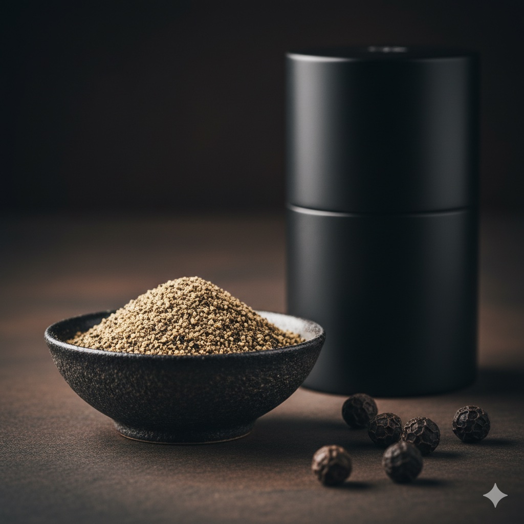 A ceramic dish of coarse-ground pepper beside a matte black pepper mill