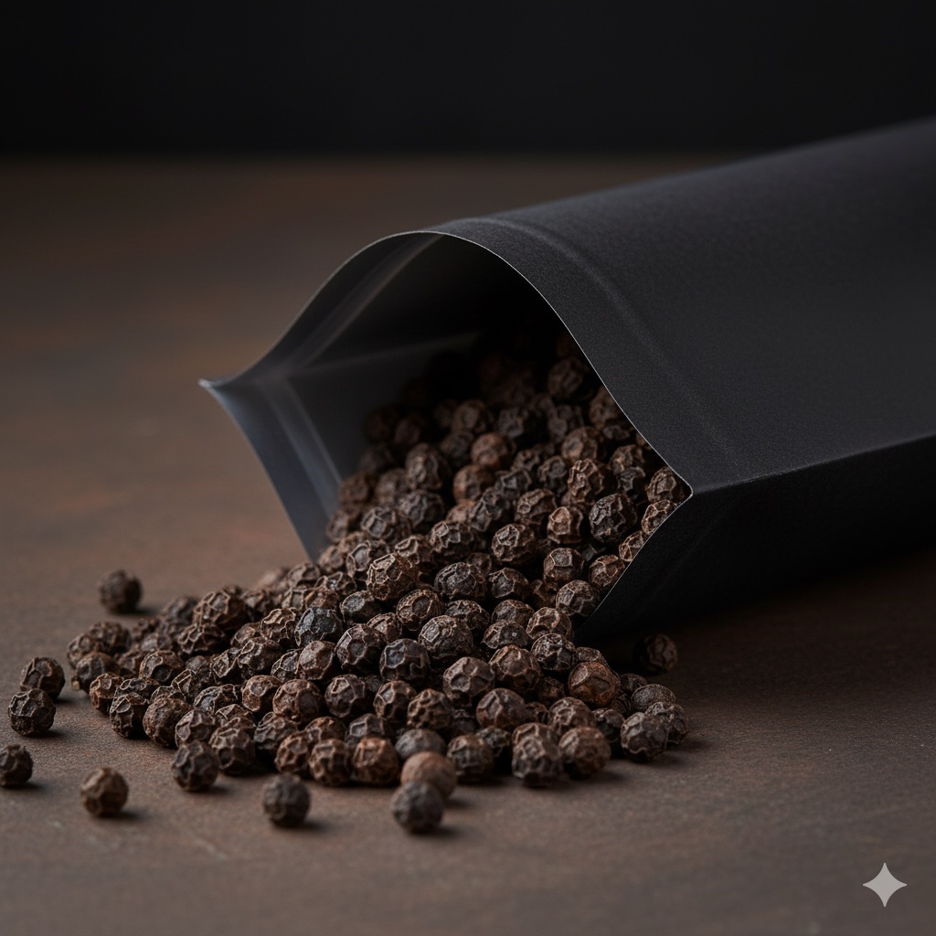A matte black pouch tipped open with whole peppercorns spilling onto dark slate