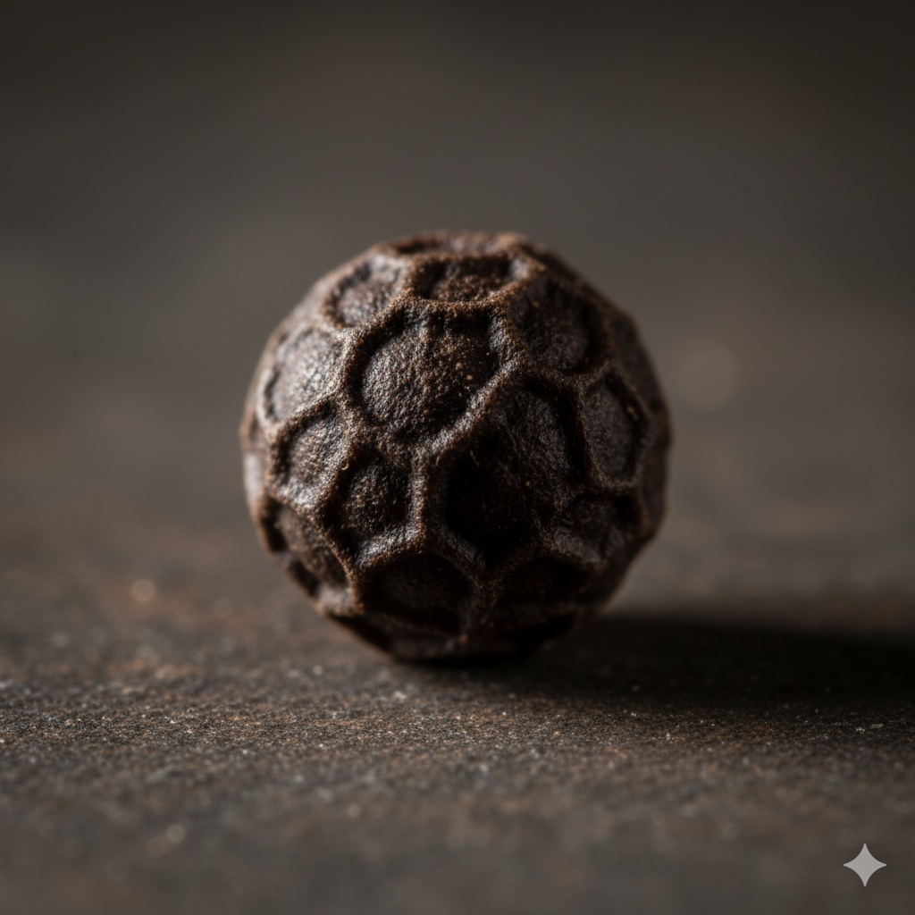 Extreme macro of a single black peppercorn, every wrinkle in sharp detail