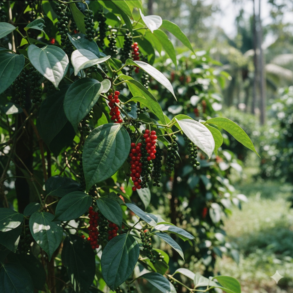 Green and red pepper berries growing in clusters on a Piper nigrum vine