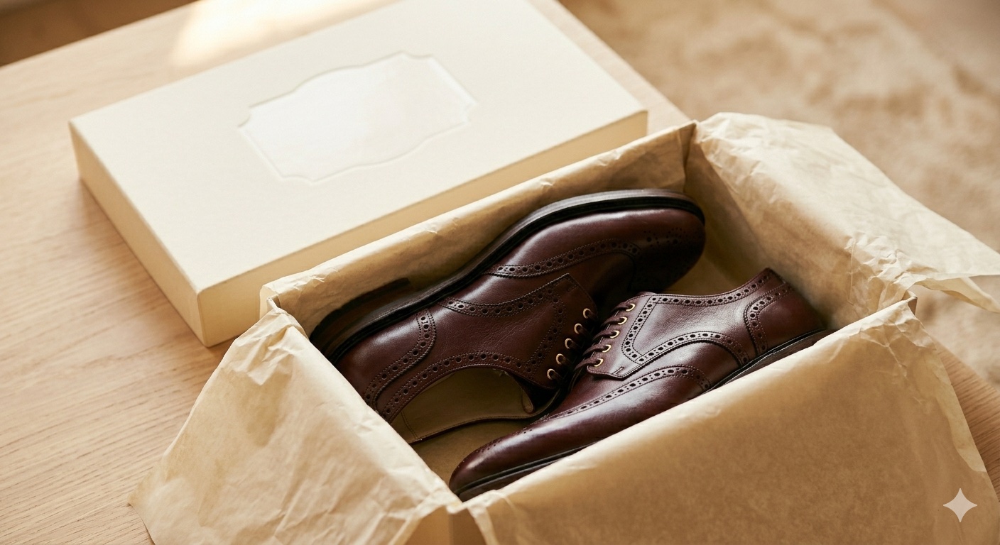 A pair of oxblood brogues in an open cream presentation box lined with tissue