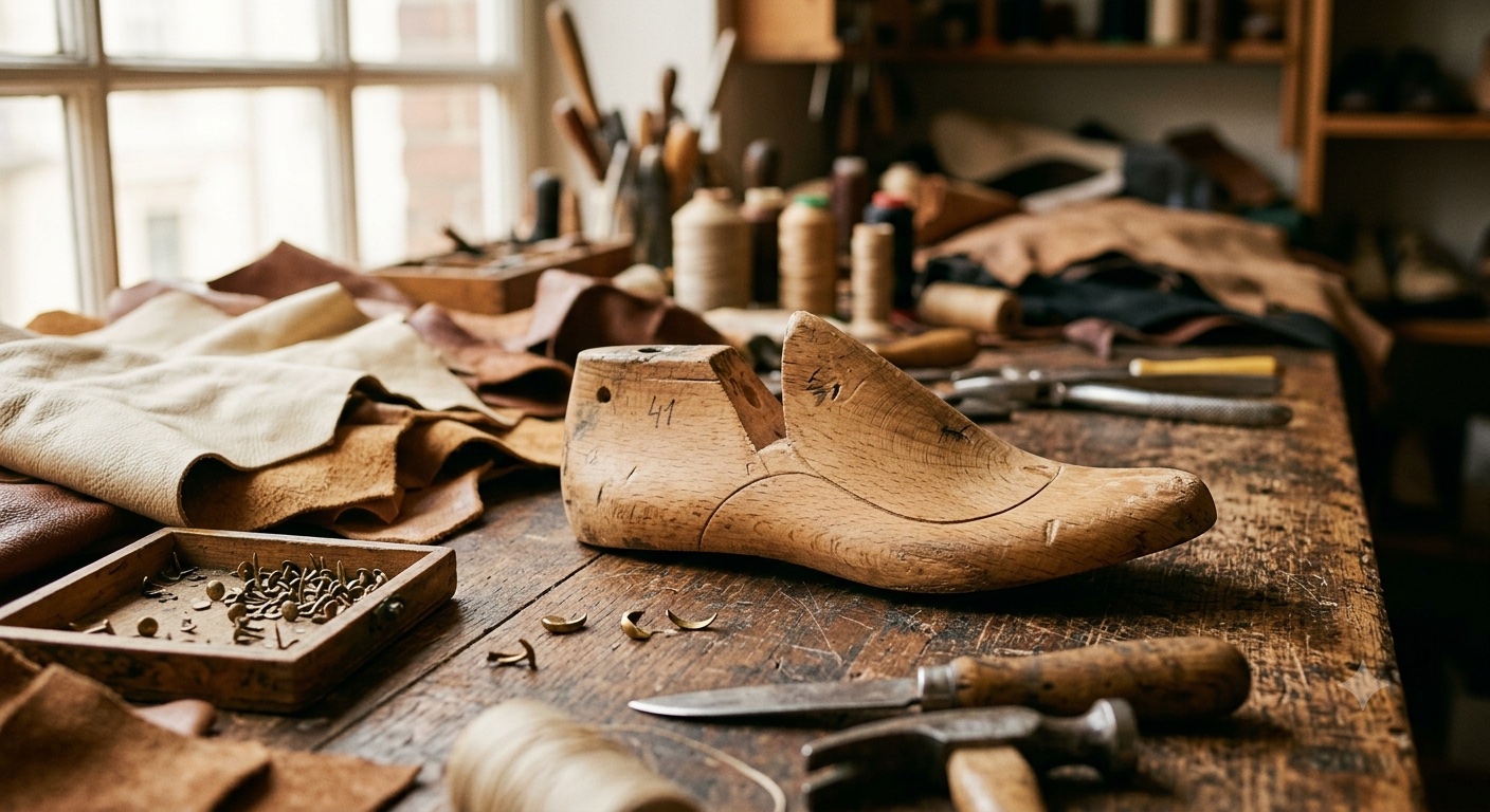 A carved wooden shoe last on a workbench with leather offcuts