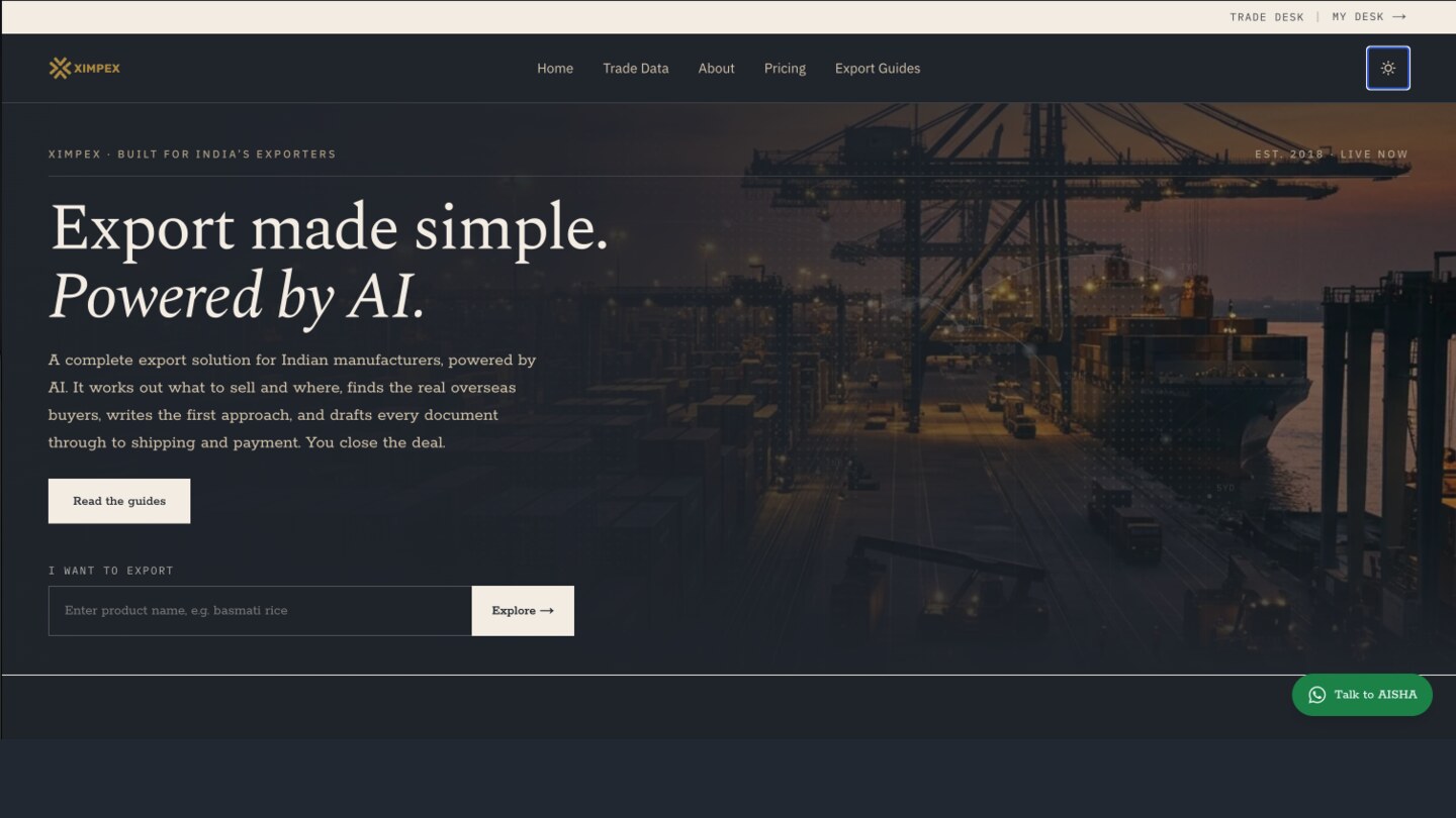 XIMPEX — Export made simple, powered by AI: complete export platform for Indian manufacturers, with product-based market search