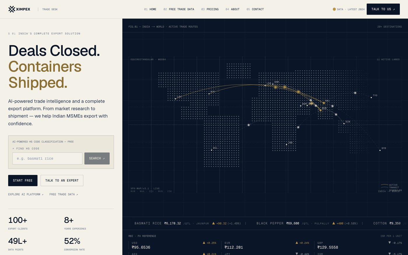 XIMPEX — AI export-intelligence platform: live trade routes, HS-code search and market data